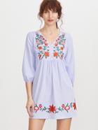 Shein Striped Button Front Lantern Sleeve Embroidered Dress