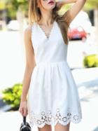 Shein White V Neck Backless Hollow A-line Dress