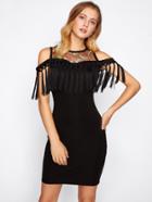 Shein Open Shoulder Embroidered Lace Insert Fringe Trim Dress