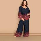 Shein Plus V-neck Mixed Print Top & Shorts Pajama Set