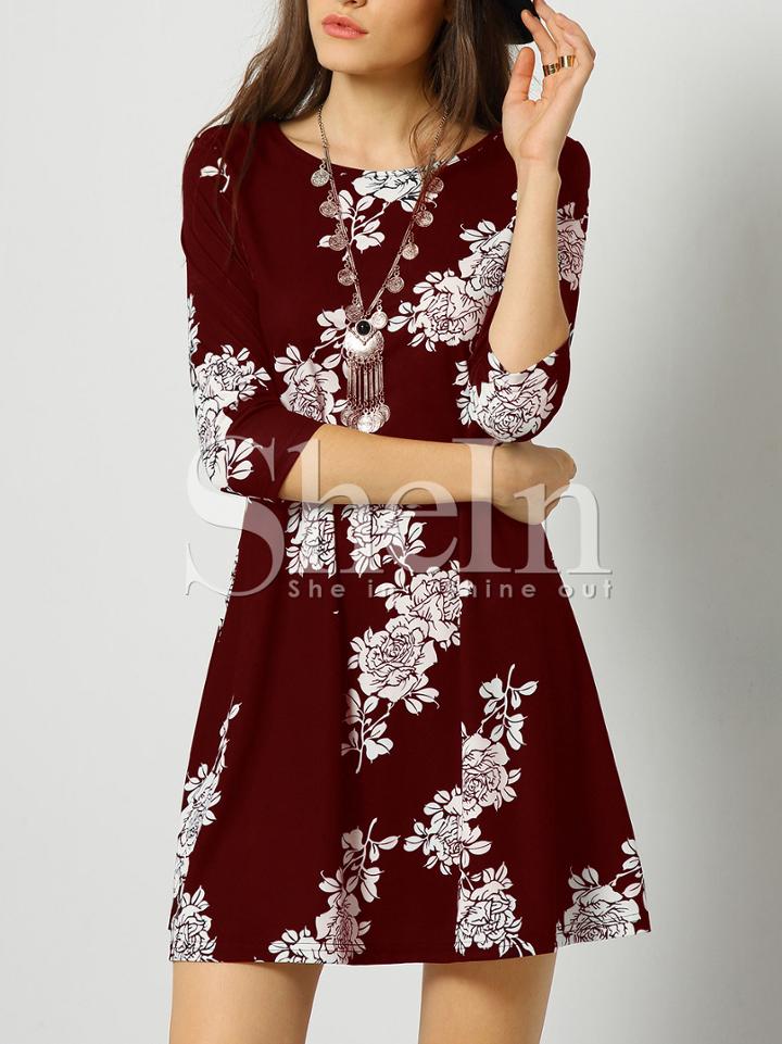 Shein Burgundy Crew Neck Floral Dress