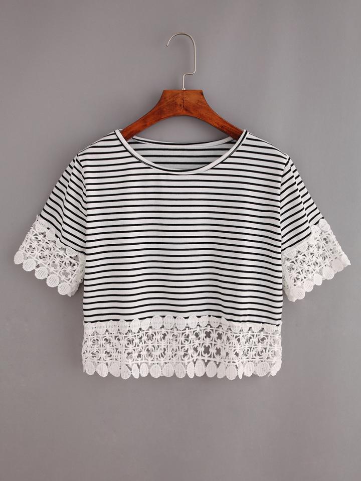 Shein Lace Trimmed Contrast Striped Crop T-shirt