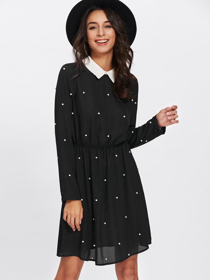 Shein Contrast Collar Pearl Embellished Dress