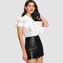 Shein Button Up Mesh Ruffle Trim Fitted Bodysuit