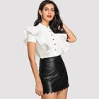 Shein Button Up Mesh Ruffle Trim Fitted Bodysuit