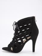 Shein Black Caged Lace Up Peep Toe Booties