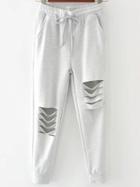 Shein Pale Grey Drawstring Waist Distressed Pants