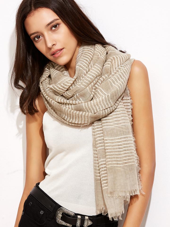 Shein Coffee Eyelash Fringe Stripe Scarf