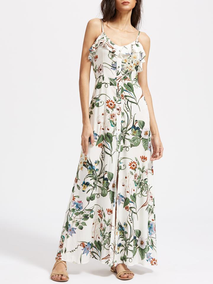 Shein Botanical Print Button Front Frill Cami Dress