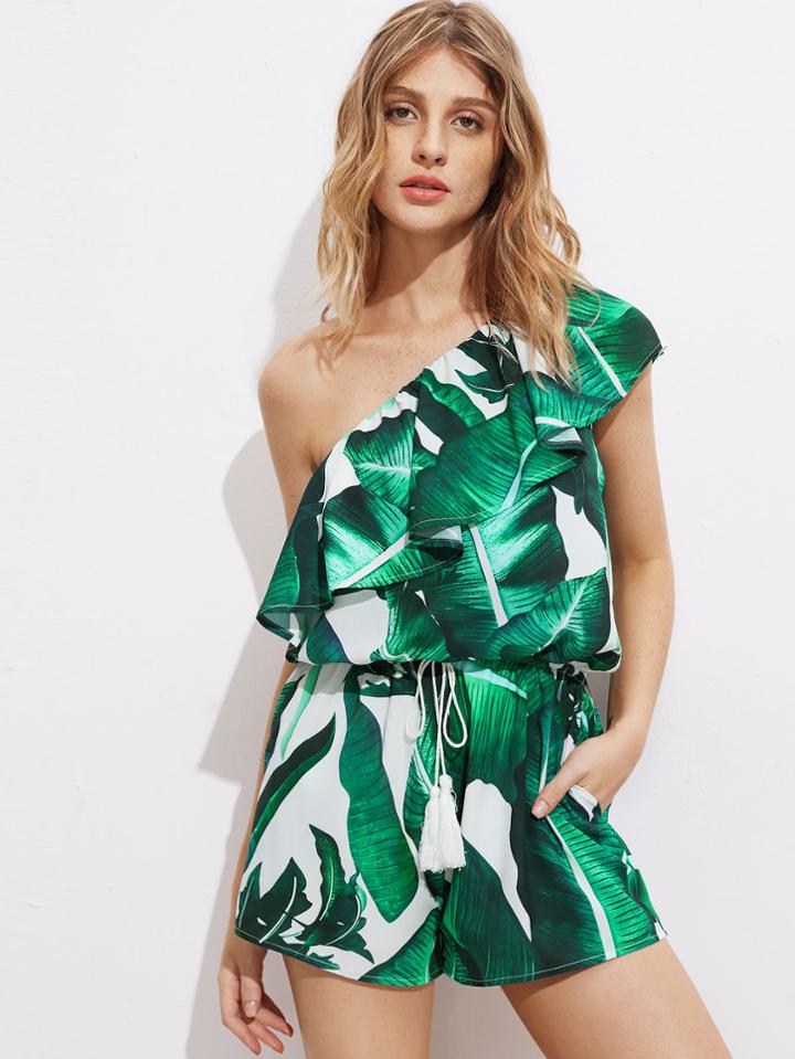 Shein Foliage Print Flounce One Shoulder Tasseled Waist Blouson Romper