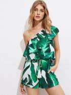 Shein Foliage Print Flounce One Shoulder Tasseled Waist Blouson Romper