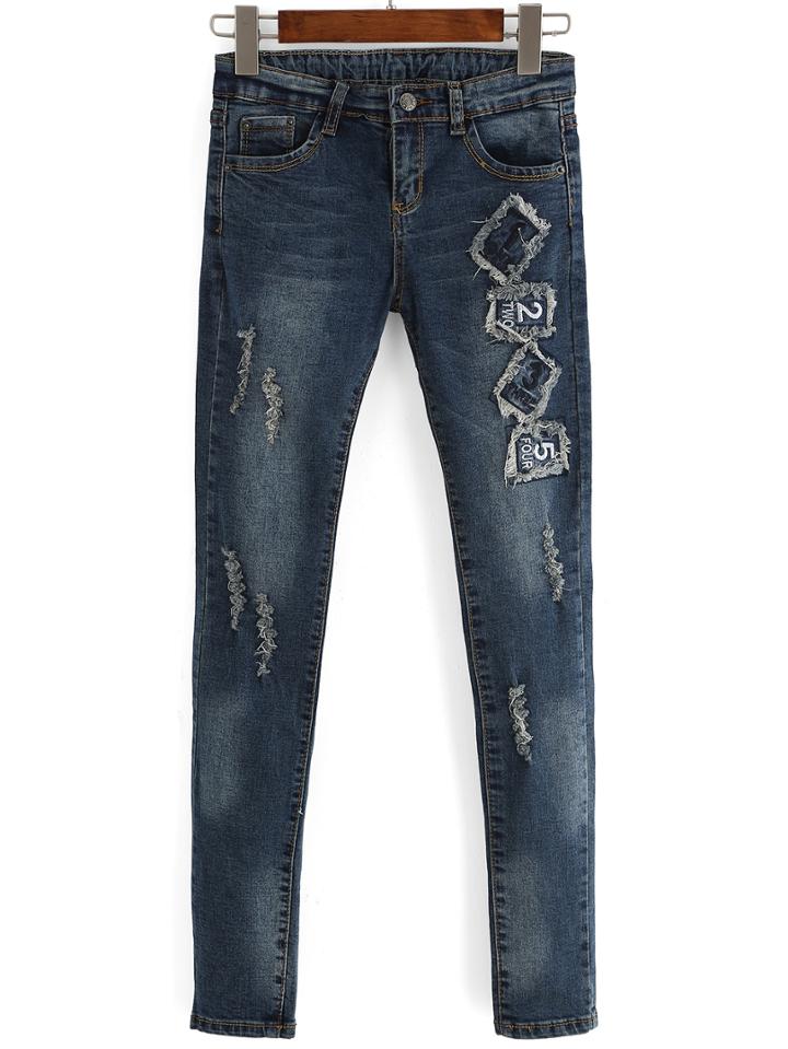 Shein Blue Bleached Embroidered Denim Pant