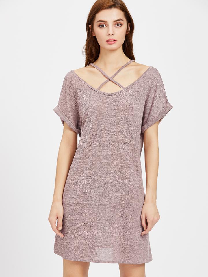 Shein Space Dye Crisscross Front Cuffed T-shirt Dress