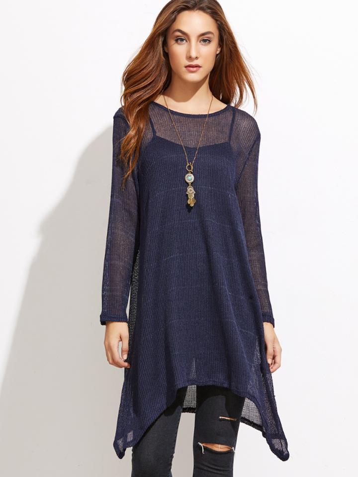 Shein Dark Blue Asymmetric Hem Top