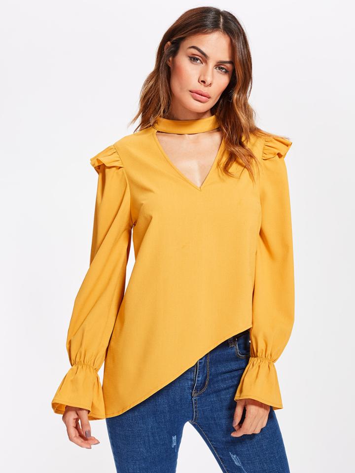 Shein Choker Neck Fluted Sleeve Frilled Asymmetric Blouse