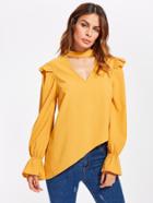 Shein Choker Neck Fluted Sleeve Frilled Asymmetric Blouse