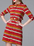 Shein Red Color Block Striped Pockets Belted Dress