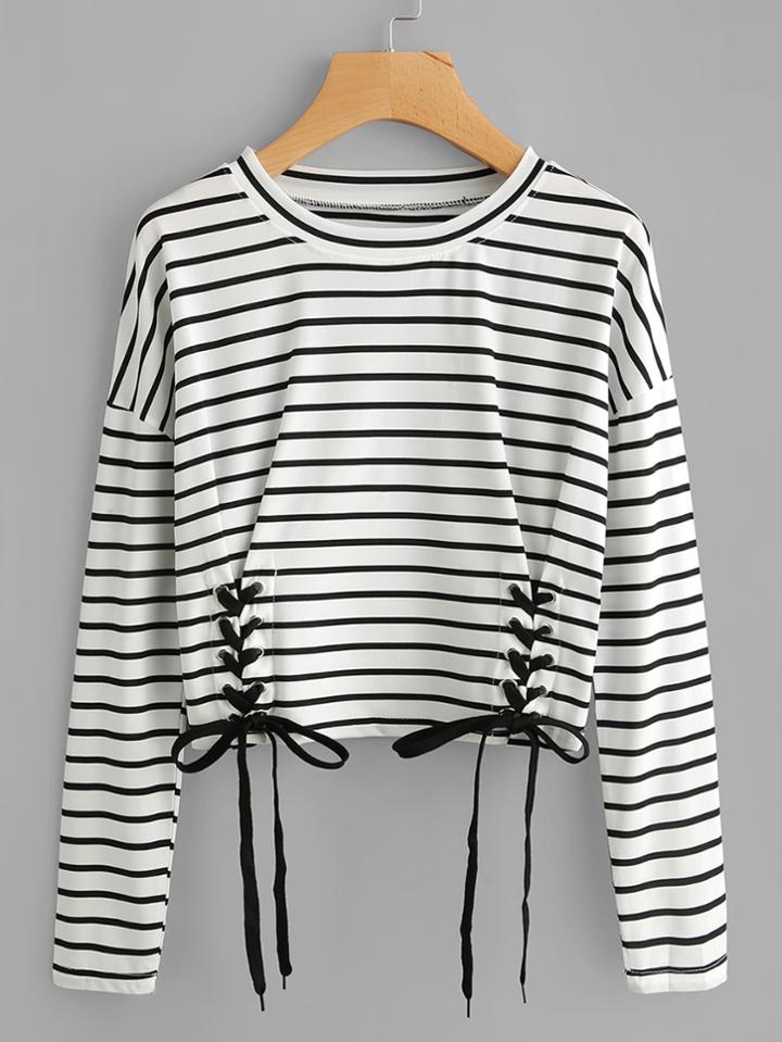 Shein Eyelet Lace Up Striped Tee