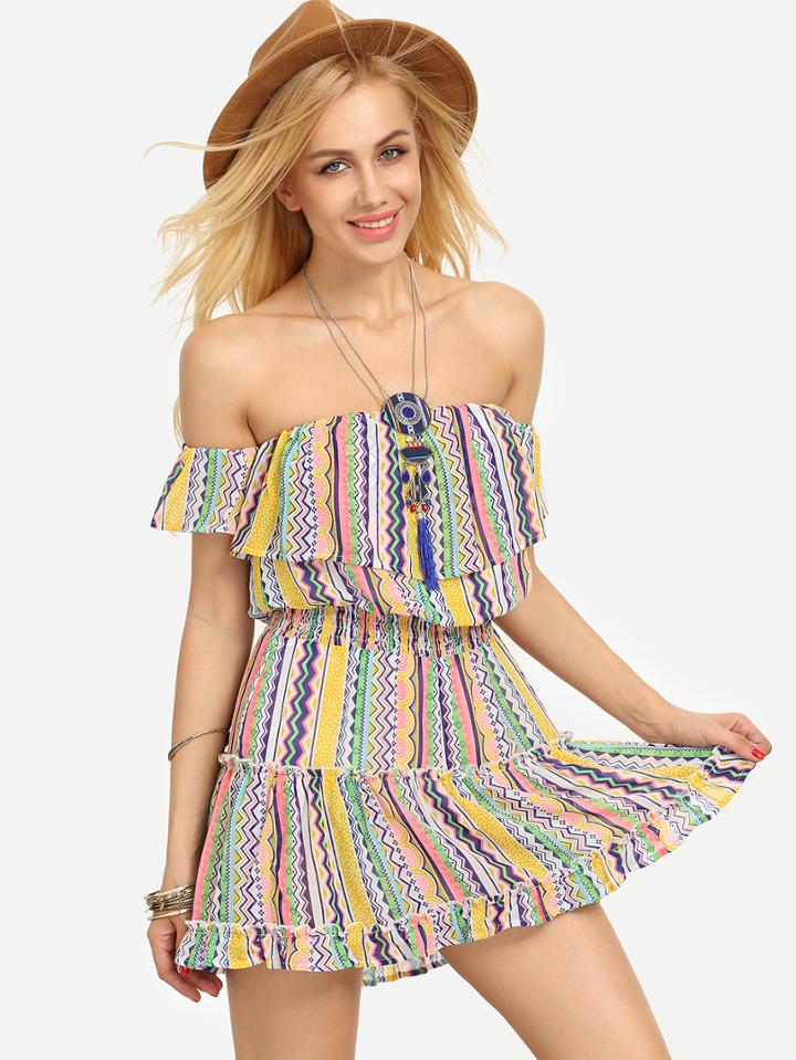 Shein Multicolor Striped Off The Shoulder Backless Jumpsuit