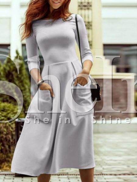 Shein Grey Boat Neck Pockets Midi Dress