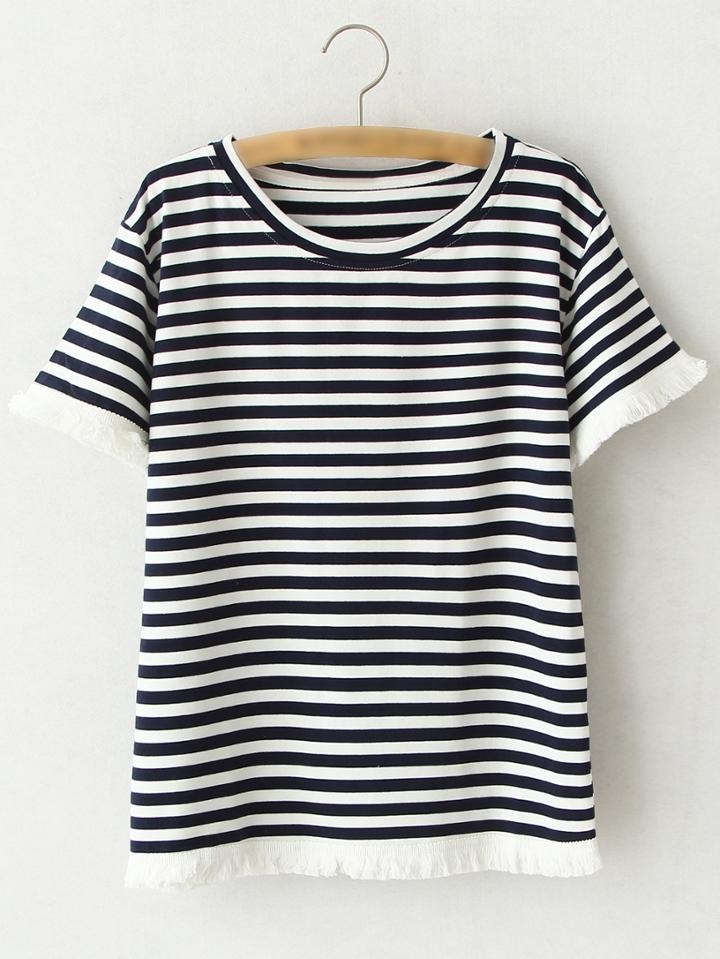 Shein Black Short Sleeve Fringe Stripe T-shirt
