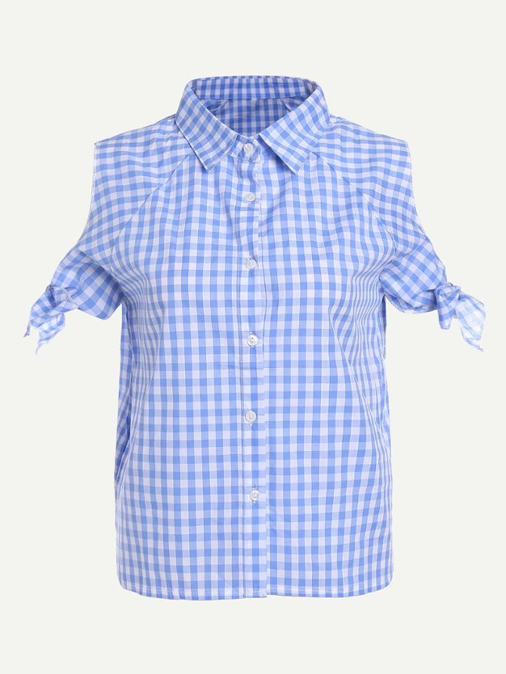 Shein Self Tie Cutout Raglan Sleeve Gingham Shirt