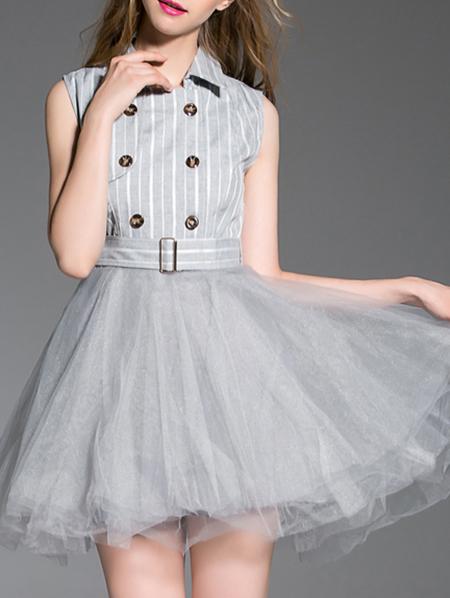Shein Grey Lapel Belted Gauze A-line Dress