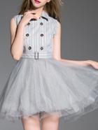 Shein Grey Lapel Belted Gauze A-line Dress