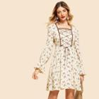 Shein Zip Back Lace Up Front Floral Print Dress