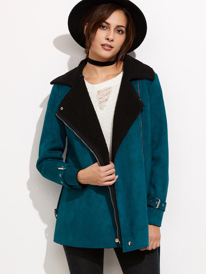 Shein Green Faux Shearling Asymmetric Zip Belted Jacket