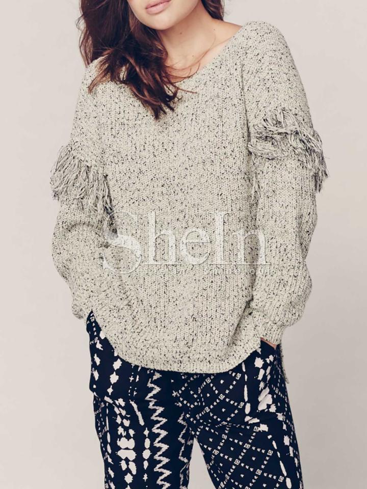 Shein Grey Crew Neck Fringe Sweater