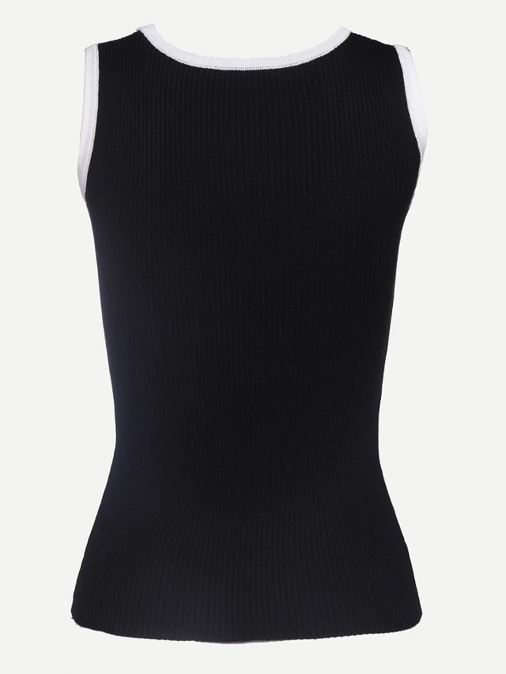 Shein Contrast Trim Black Ribbed Knit Sleeveless Top