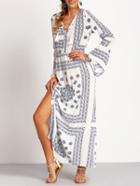 Shein V Neck Bell Sleeve Print Lace Up Split Dress