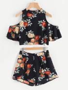 Shein Open Shoulder Floral Top With Ruffle Trim Wrap Shorts