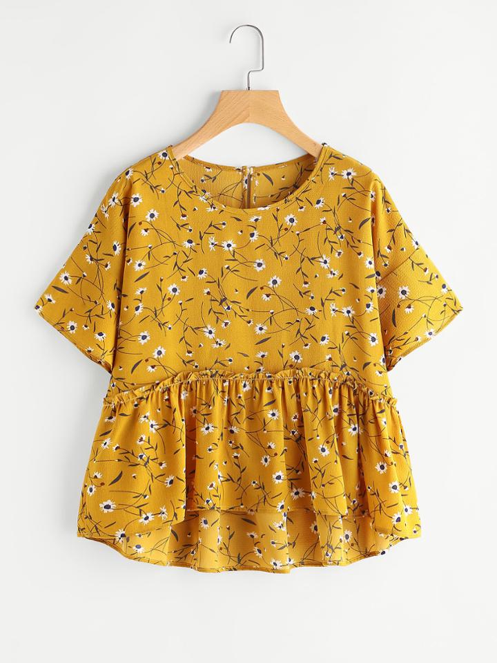 Shein Calico Print Keyhole Back Frill Hem Babydoll Blouse