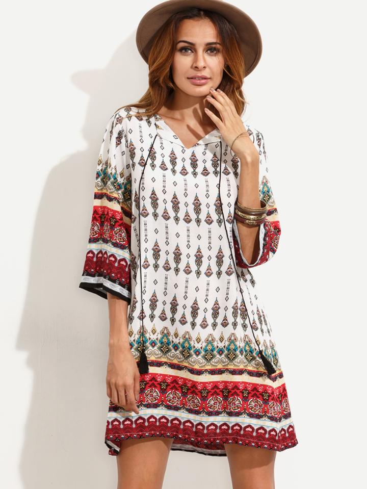 Shein White Vintage Print Tassel Tie Neck Tunic Dress