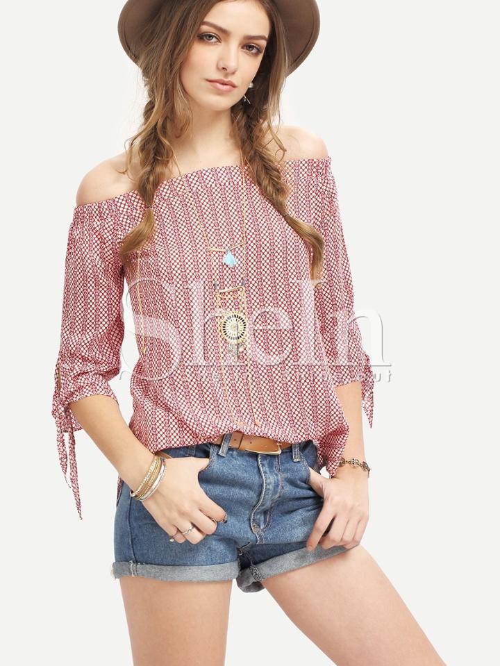 Shein Red Off The Shouldet Tie Cuff Blouse