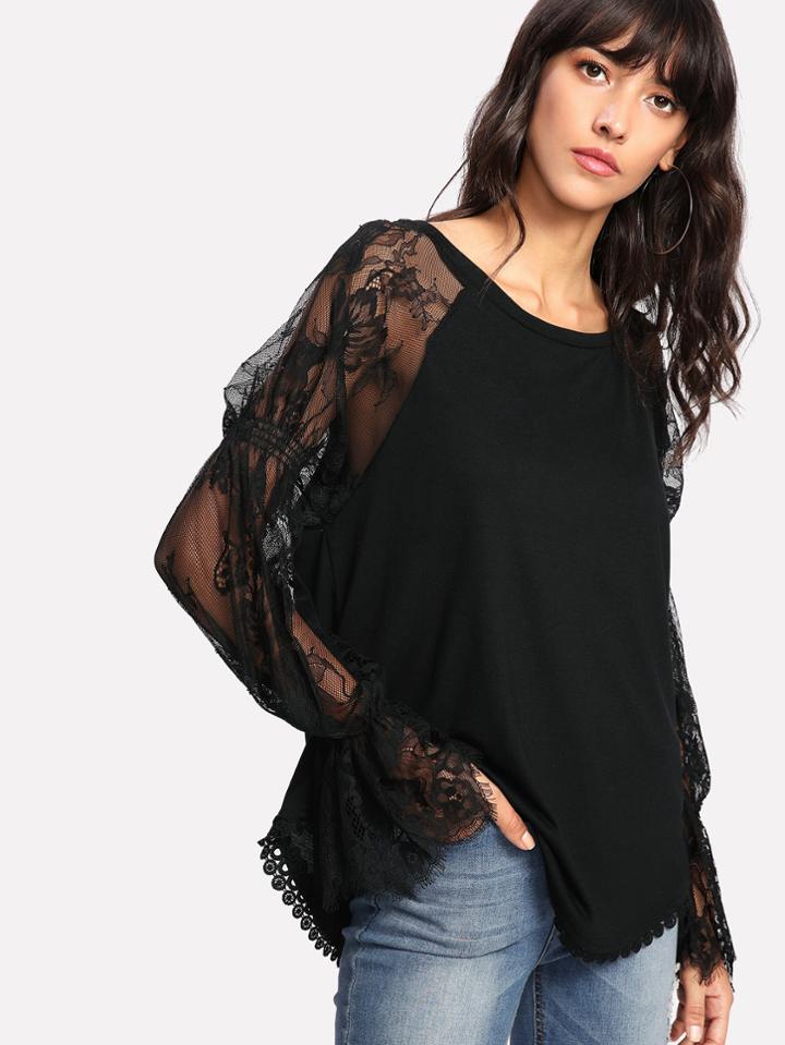 Shein Eyelash Lace Raglan Sleeve Crochet Hem Blouse