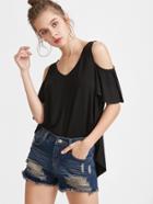 Shein Black Cold Shoulder High Low T-shirt
