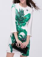 Shein White Bees Beading Leaves Print Shift Dress