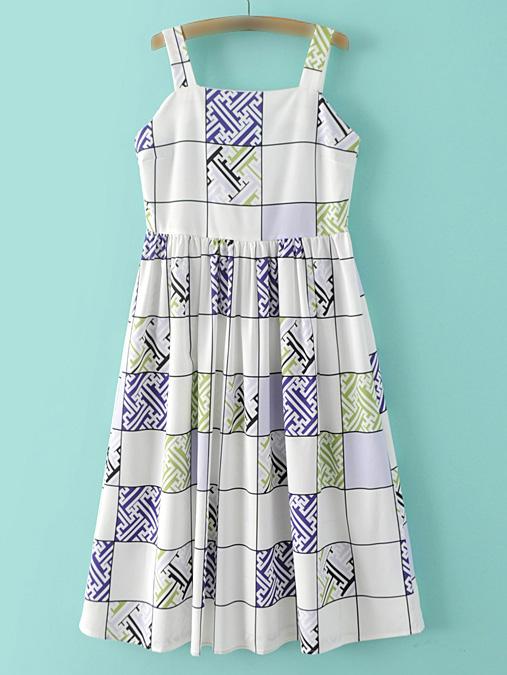 Shein Multicolor Square Neck Pleated Skater Dress