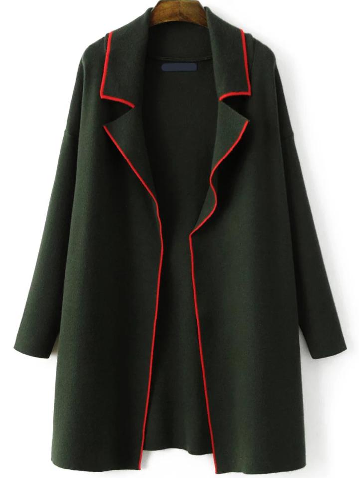 Shein Army Green Contrast Edge Open Front Sweater Coat