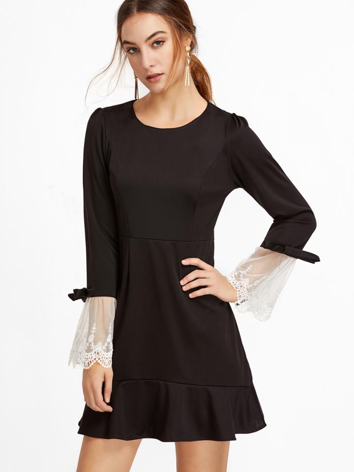 Shein Black Contrast Lace Cuff A-line Dress
