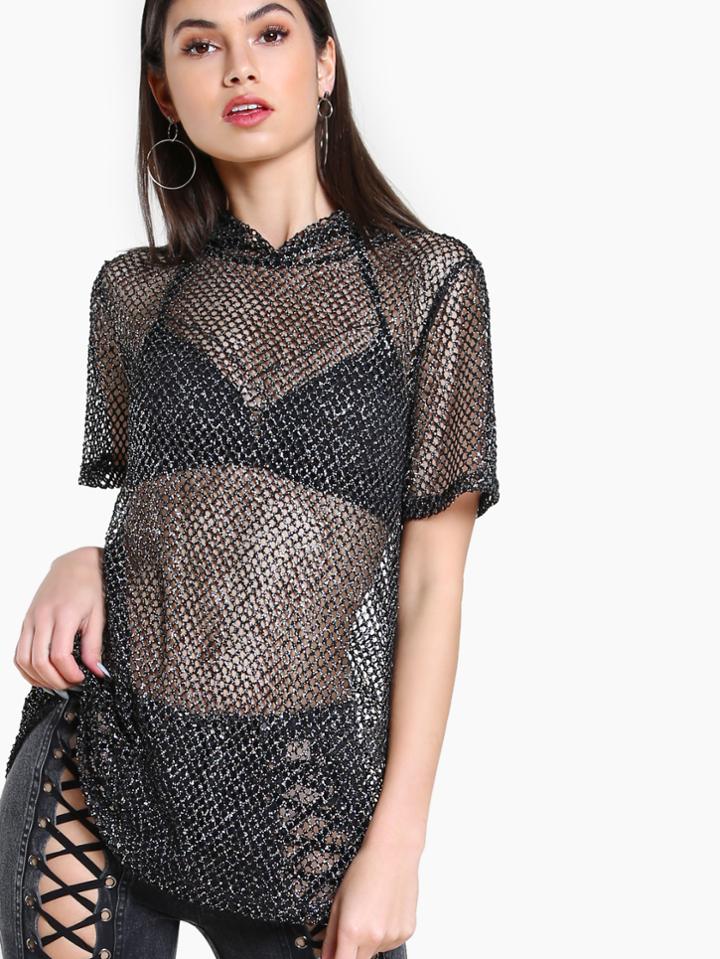 Shein Curved Hem Hooded Glitter Fishnet Tee