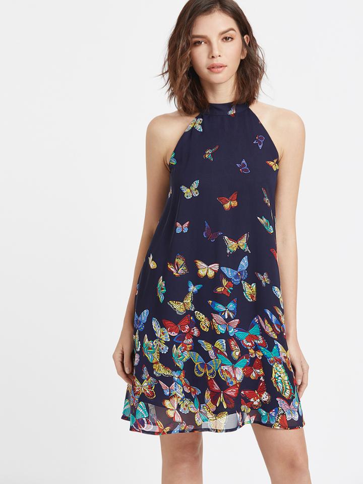 Shein Navy Butterfly Print Halter Neck Dress