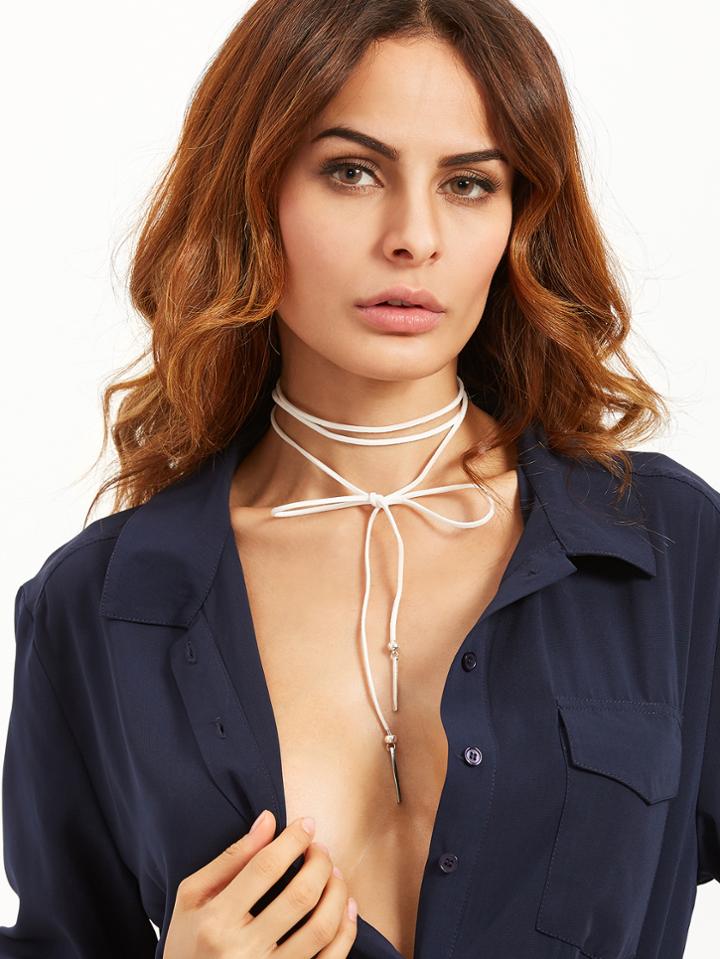 Shein White Bow Metal Bar Pendant Wrap Choker Necklace