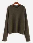 Shein Olive Green Ribbed Knit Frayed Sweater