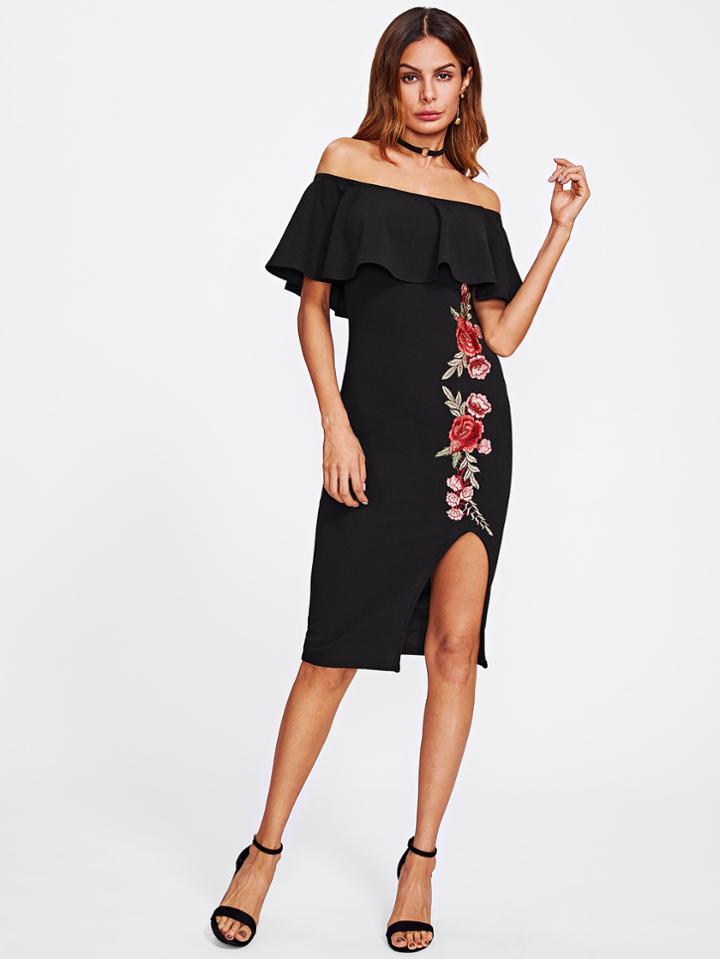 Shein Embroidery Patch Slit Front Frill Bardot Dress