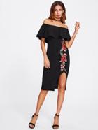 Shein Embroidery Patch Slit Front Frill Bardot Dress
