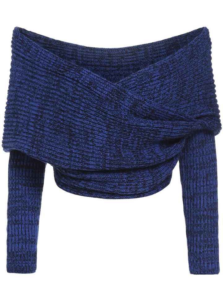 Shein Blue Boat Neck Cross Front Crop Sweater
